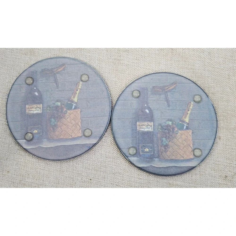 Pomerantz Tuscan Cellars Glass Coaster Set Wine Theme 6pc Round Vintage 6060